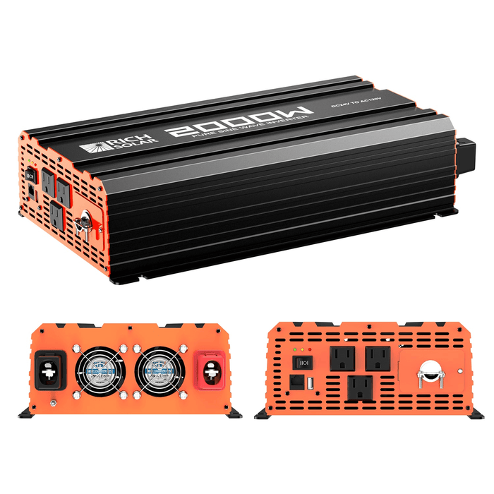 Rich Solar 2000 Watt 24 Volt Pure Sine Wave Inverter  | 2000W Capacity | 24 V DC Input | 120V AC, 60Hz Output | 3 AC Outlets & 1 USB Power Generation Rich Solar   