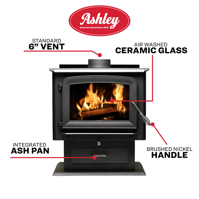 Ashley 2020 Medium Sized Wood Stove with Pedestal & Plated Steel | Heats 2,000 Sq. Ft. 89,000 BTUs Heating Ashley   