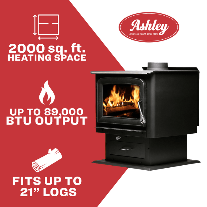 Ashley 2020 Medium Sized Wood Stove with Pedestal & Plated Steel | Heats 2,000 Sq. Ft. 89,000 BTUs Heating Ashley   