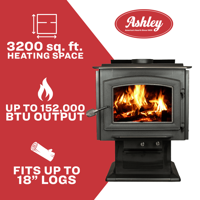 Ashley Wood Stove 3,200 Sq. Ft. Large Pedestal & Blower | 152,000 BTUs Heating Ashley   